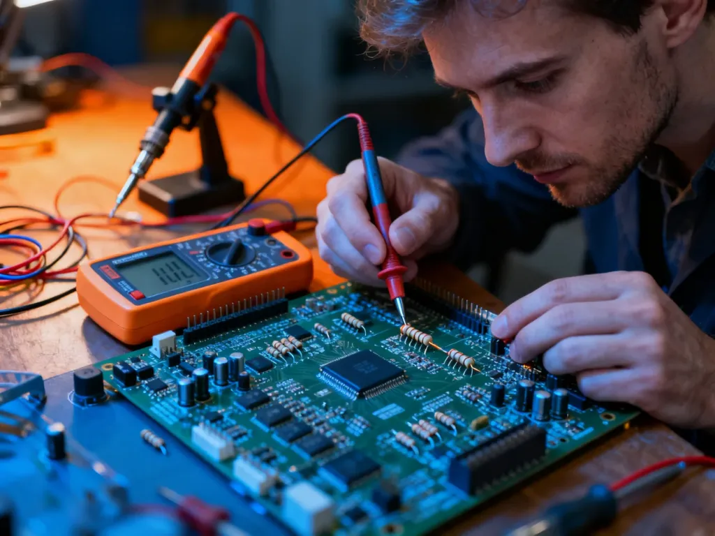 Elektronik mierzy rezystancję opornika na płytce drukowanej za pomocą multimetru cyfrowego.