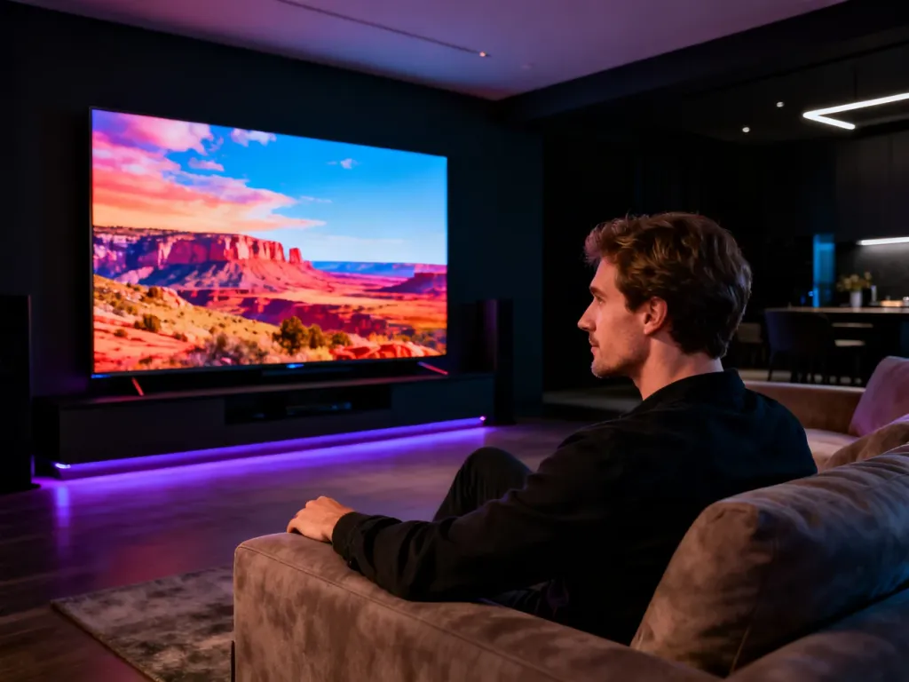 Mężczyzna oglądający film na telewizorze z technologią Dolby Vision, prezentującą głęboką czerń i żywe kolory.