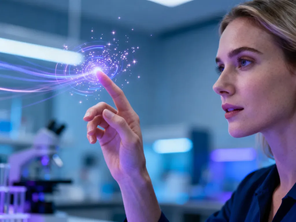 Dłoń dotykająca futurystycznego, świetlistego interfejsu haptycznego, obrazująca technologię sensorycznego sprzężenia zwrotnego.