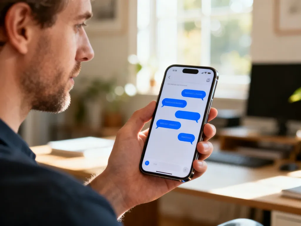 Smartfon z otwartą aplikacją do przesyłania wiadomości z charakterystycznymi niebieskimi dymkami czatu.