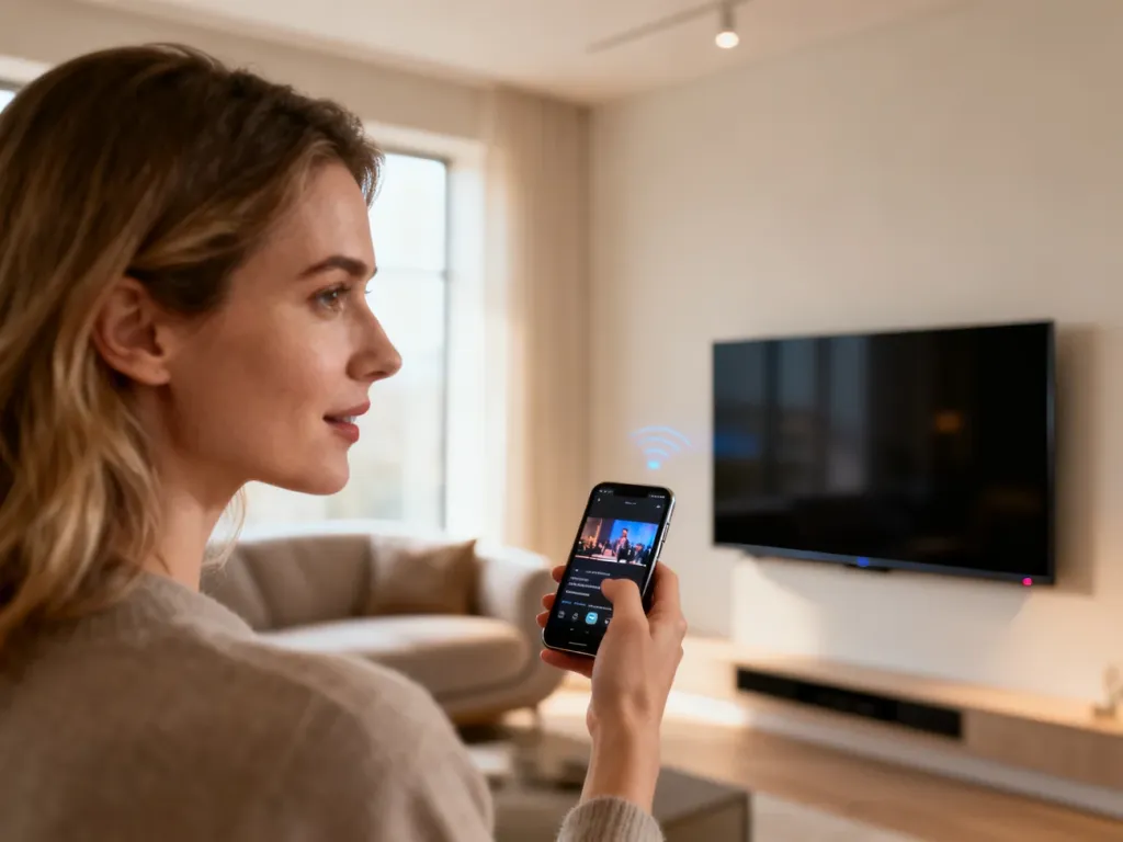 Kobieta przesyła bezprzewodowo obraz ze smartfona na nowoczesny telewizor w minimalistycznym salonie.