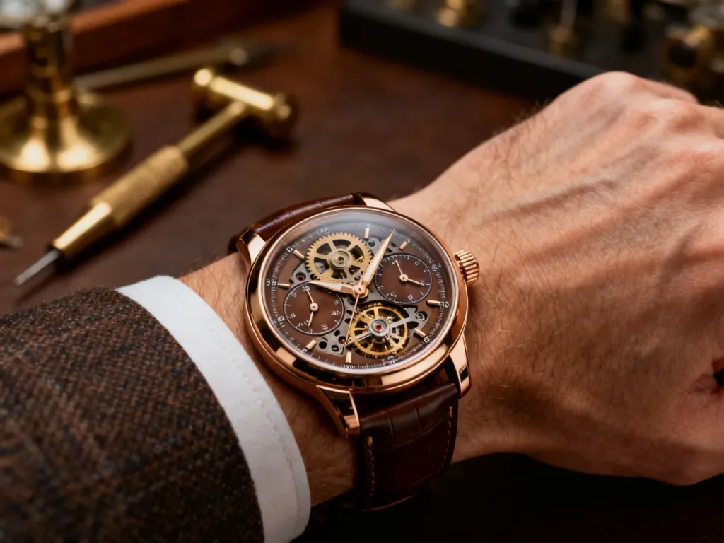 Zbliżenie na tarczę luksusowego zegarka chronografu z widocznymi detalami mechanizmu na tle warsztatu zegarmistrzowskiego.
