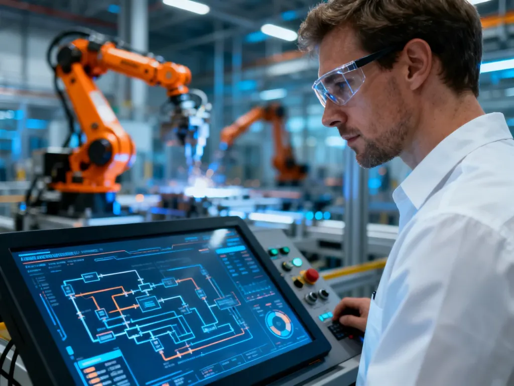 Operator monitorujący system SCADA na nowoczesnym panelu sterowania w zautomatyzowanej fabryce.