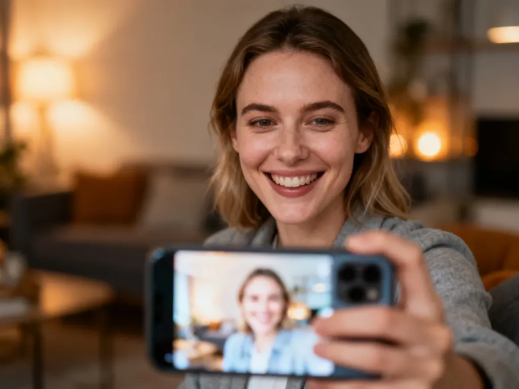 Uśmiechnięta kobieta robiąca spontaniczne selfie smartfonem w przytulnym salonie, ilustrująca działanie aplikacji BeReal.