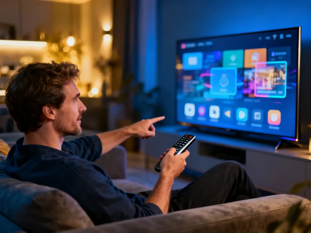 Mężczyzna relaksujący się na kanapie i obsługujący telewizor z interaktywnym interfejsem HbbTV za pomocą pilota.