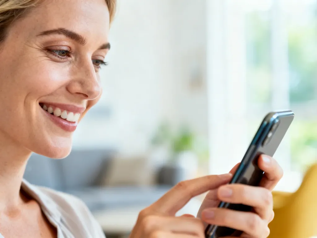 Uśmiechnięta kobieta trzymająca smartfon w przytulnym salonie, korzystająca z aplikacji Viber.