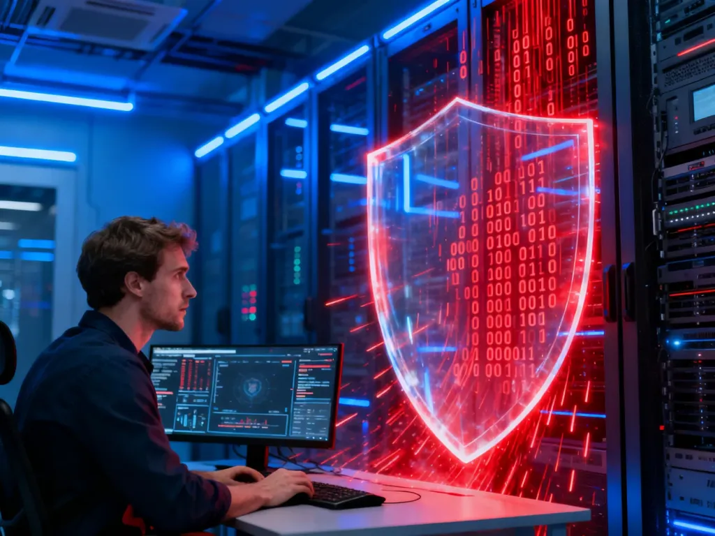 Cyfrowa wizualizacja zapory sieciowej chroniącej serwerownię przed cyberatakiem, monitorowana przez specjalistę IT.