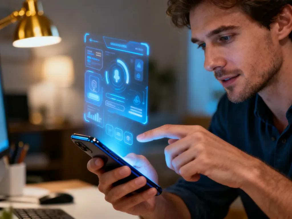 Mężczyzna korzystający z nowoczesnego smartfona z wyświetlonym interfejsem cyfrowego asystenta Bixby.